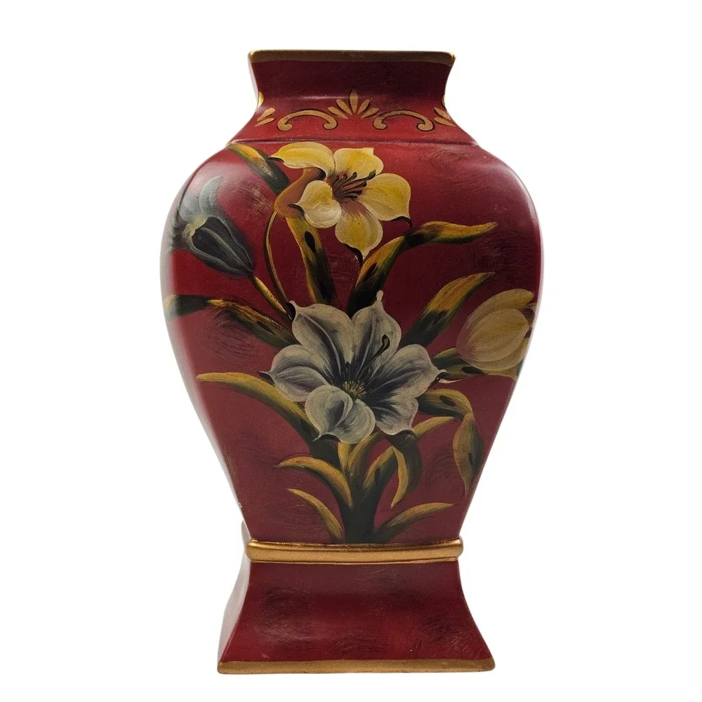 Vintage Style Hand Painted Floral Red Decorative Vase Gold Trim 12.5 Inch